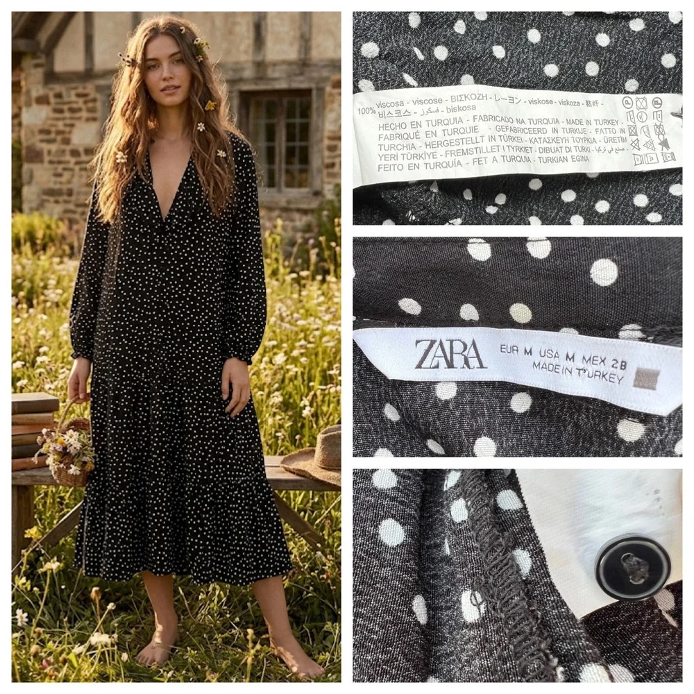Polka Dot Tiered Midi Dress Black White Ruffle V-Neck Parisian‎ Chic Boho Size M